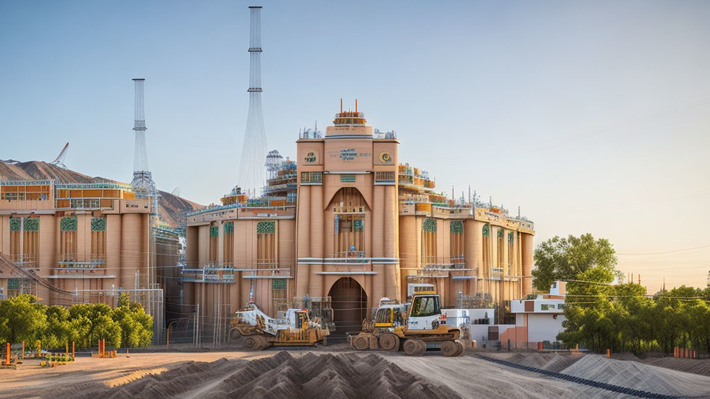 Beige building, tall chimneys, machinery, and earth mound at industrial site.