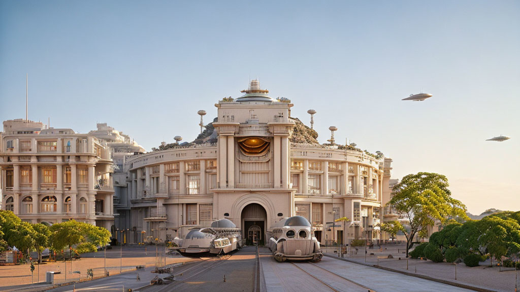 Futuristic cityscape with classical architecture and flying vehicles at dusk