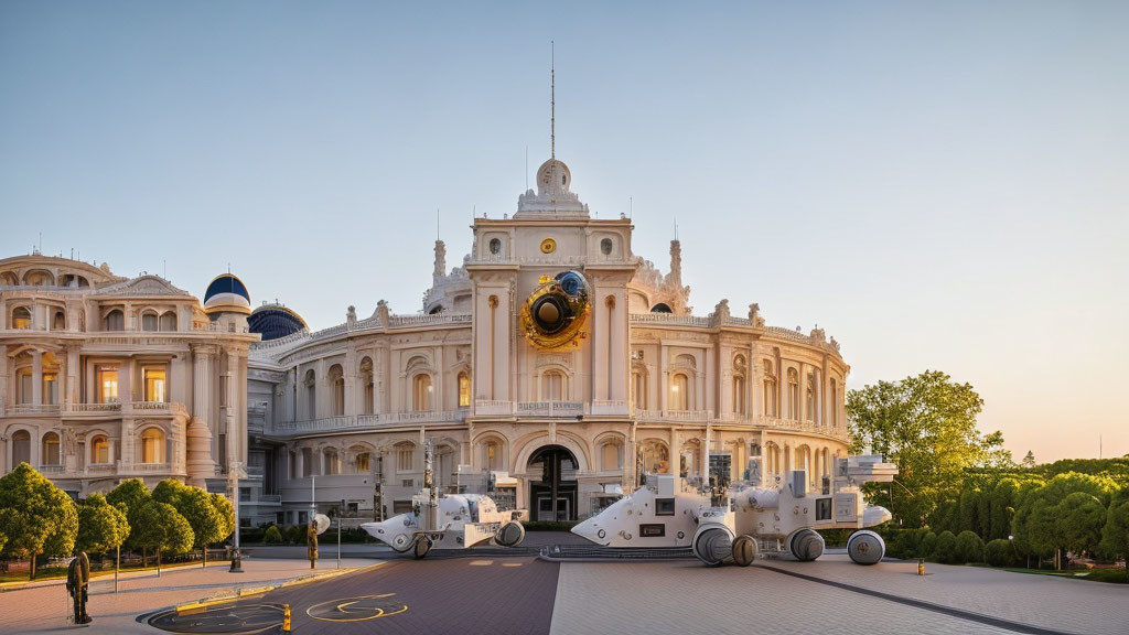 Classical architecture building with grand white facades and central clock, flanked by modern armoured vehicles