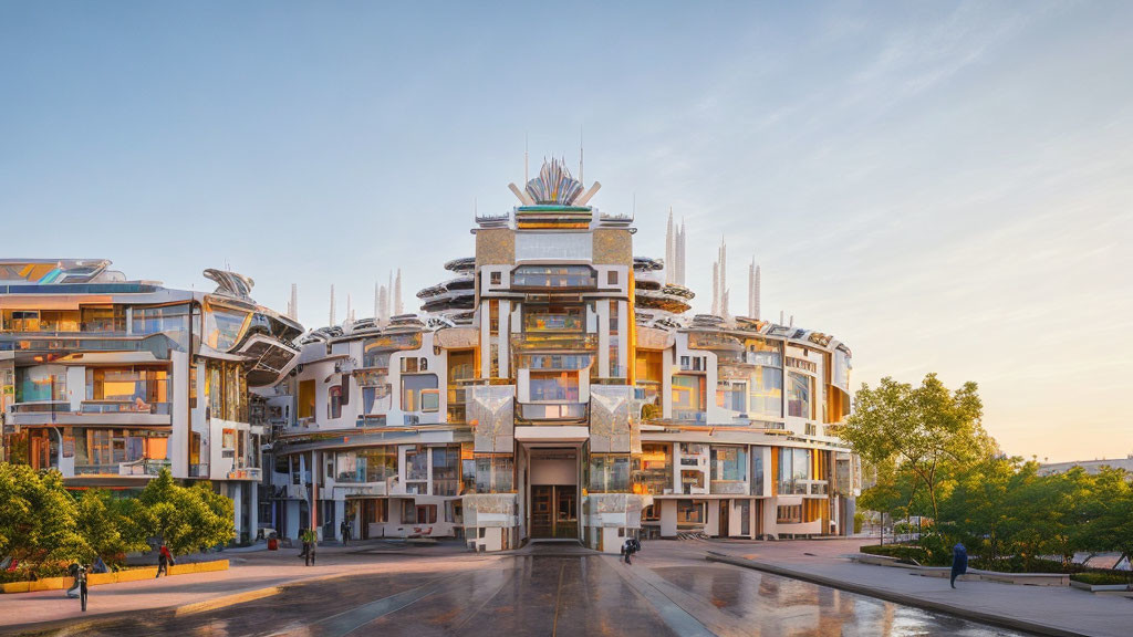 Circular design modern building with layered terraces at sunset.