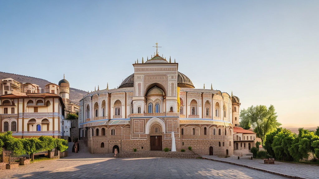 Golden-domed religious structure with ornate arches and annexes under clear sky