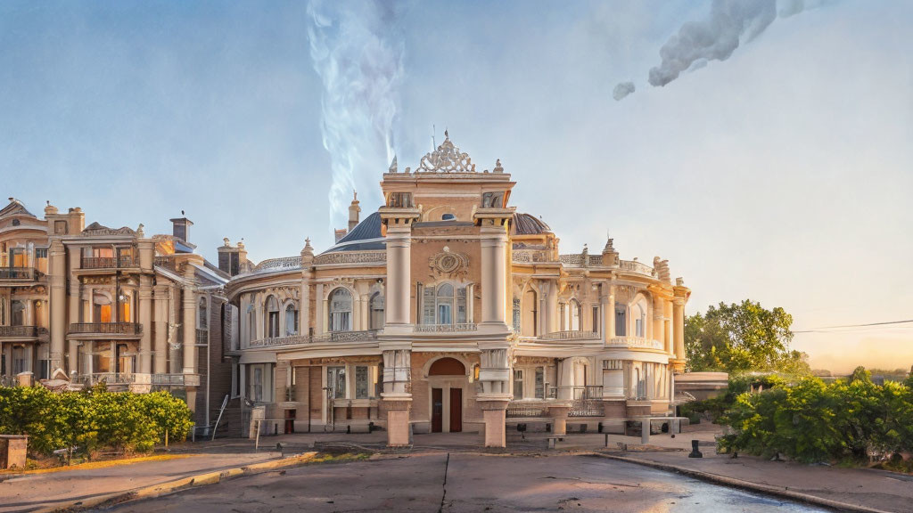 Baroque-style building at sunrise with smokestacks against clear sky