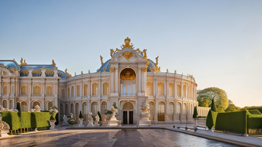 Classical palace with golden sculptures, large windows, and manicured garden at sunset