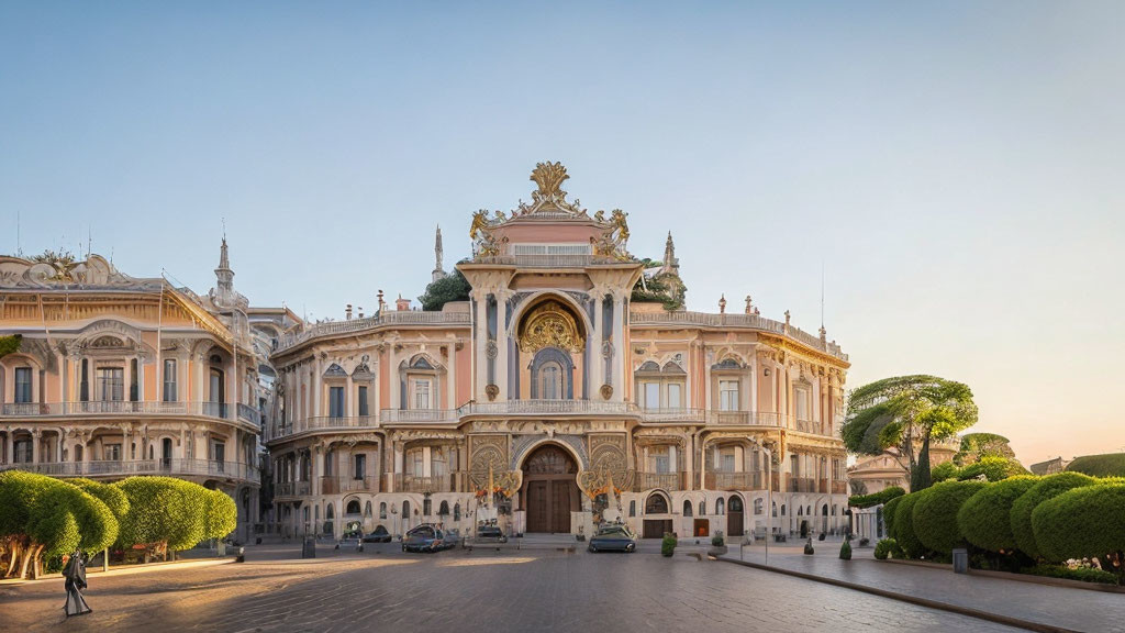 Historic building with gold details, arch entrance, trees, sunset sky