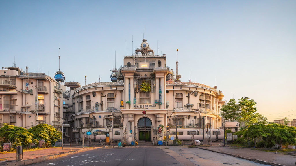 Historic building with spherical structures on wide street at dusk