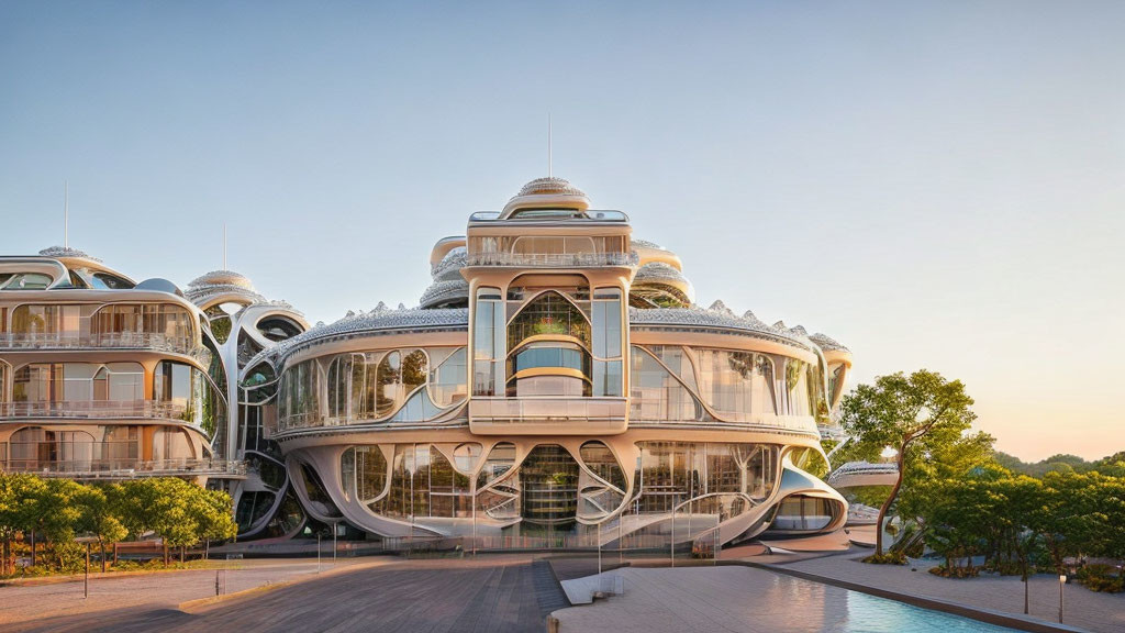 Futuristic rounded buildings with glass fronts and terraces at sunset