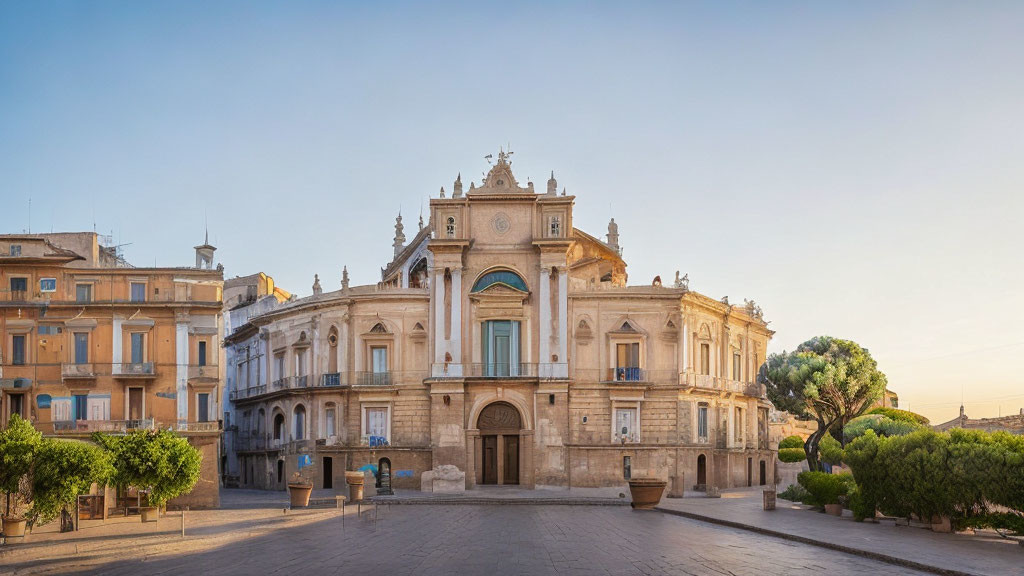 Baroque architecture in sunlit square with residential buildings