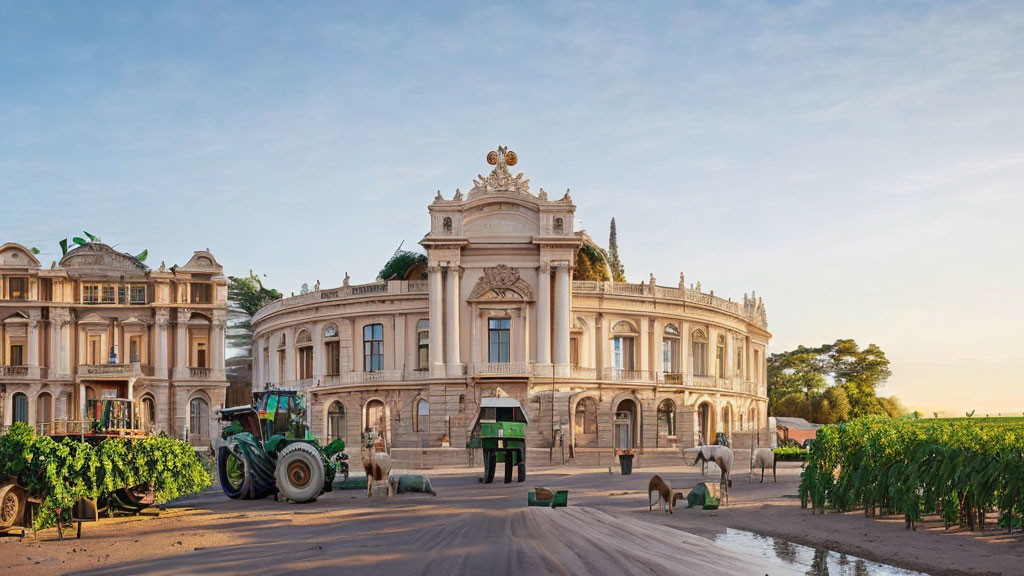 Historical building with intricate facade details, surrounded by greenery, tractor, and horses.