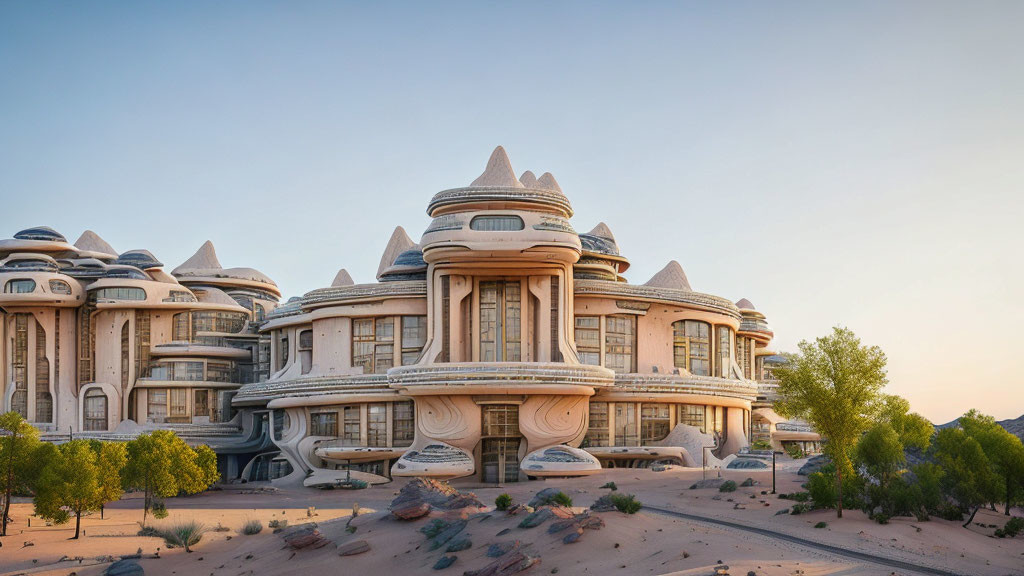 Futuristic desert city with dome-like buildings in sandy terrain