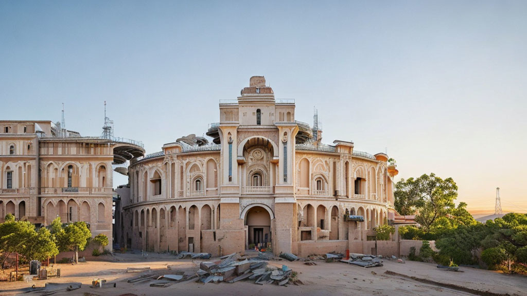 Renovated old building with arches and domes amidst construction materials at dusk