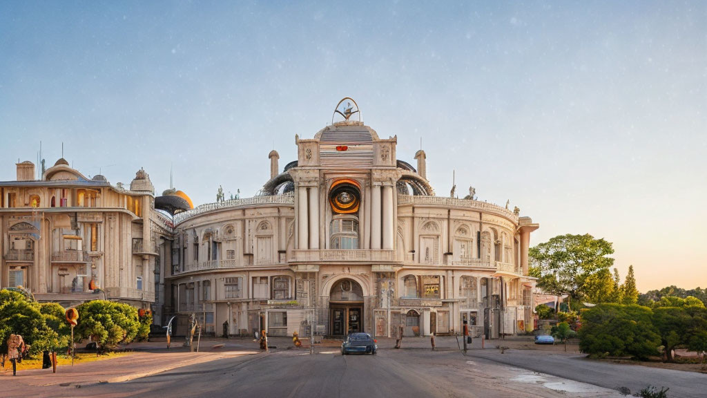 Ornate classical building with large windows under clear blue sky