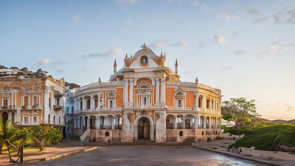 Vintage colonial building with arched doorways in a plaza with white and orange facade under a clear dusk