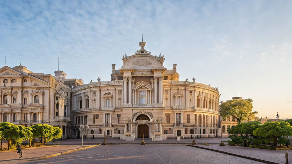 Neoclassical building with sculptural details and central pavilion surrounded by trees and plaza