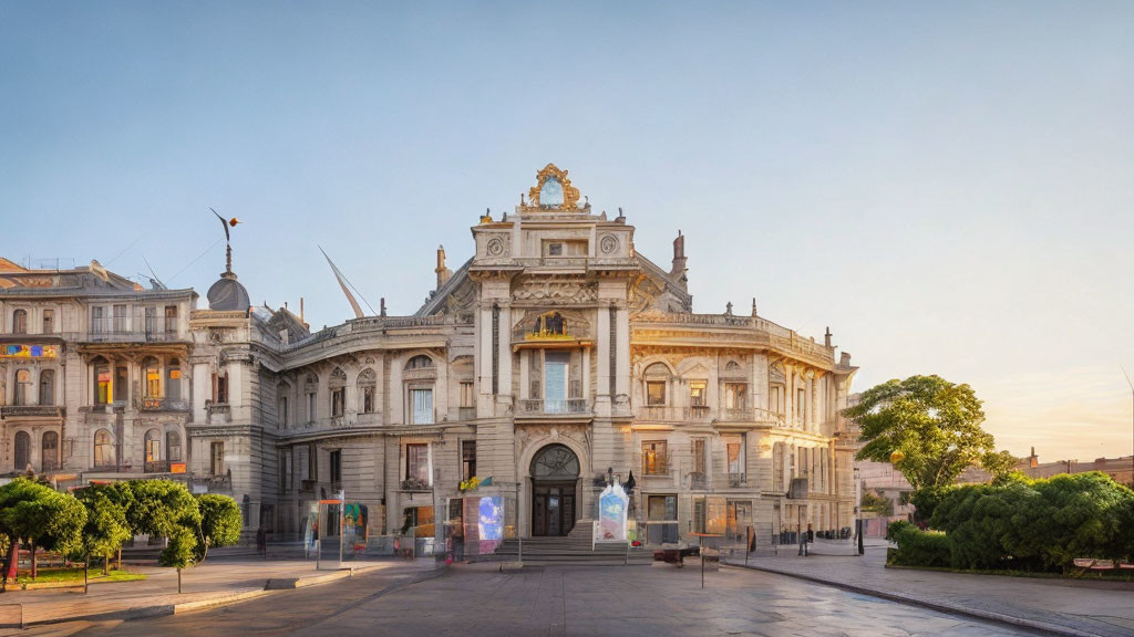 Classical building with intricate facade details in sunlight.