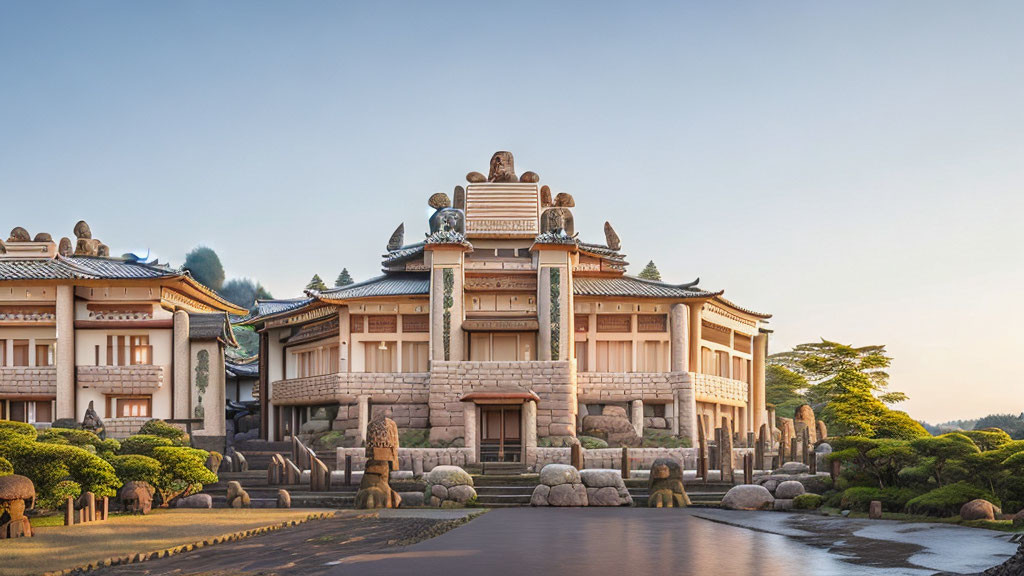 Traditional East Asian Building with Stone Façade and Reflecting Pond