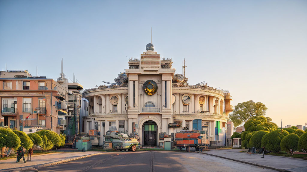 Neoclassical building with sculptures surrounded by modern architecture at dusk