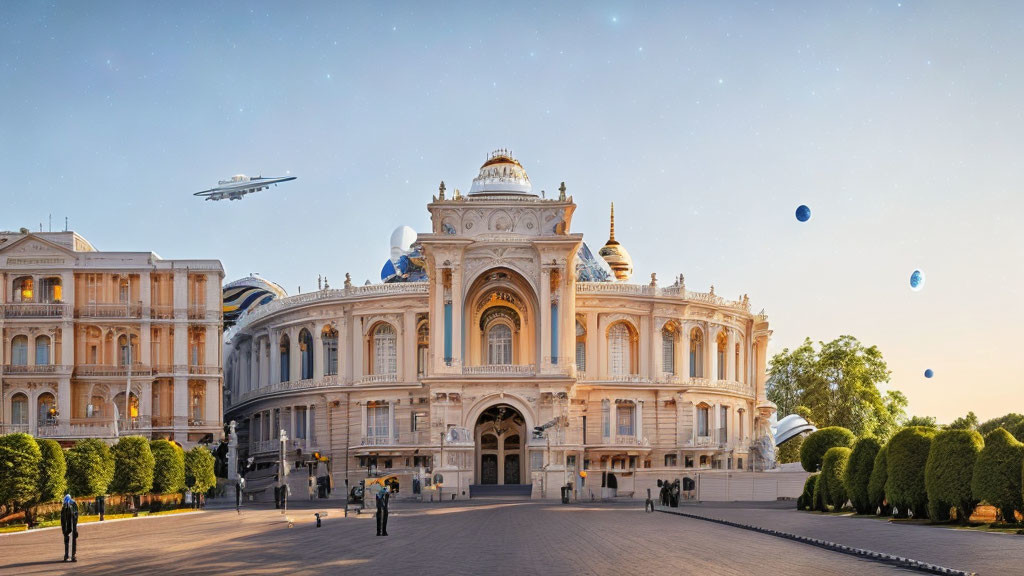 Elaborate palace architecture with people, zeppelin, and balloons at dusk