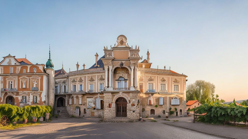 Baroque-style building with ornate facade and green dome-topped tower at sunset