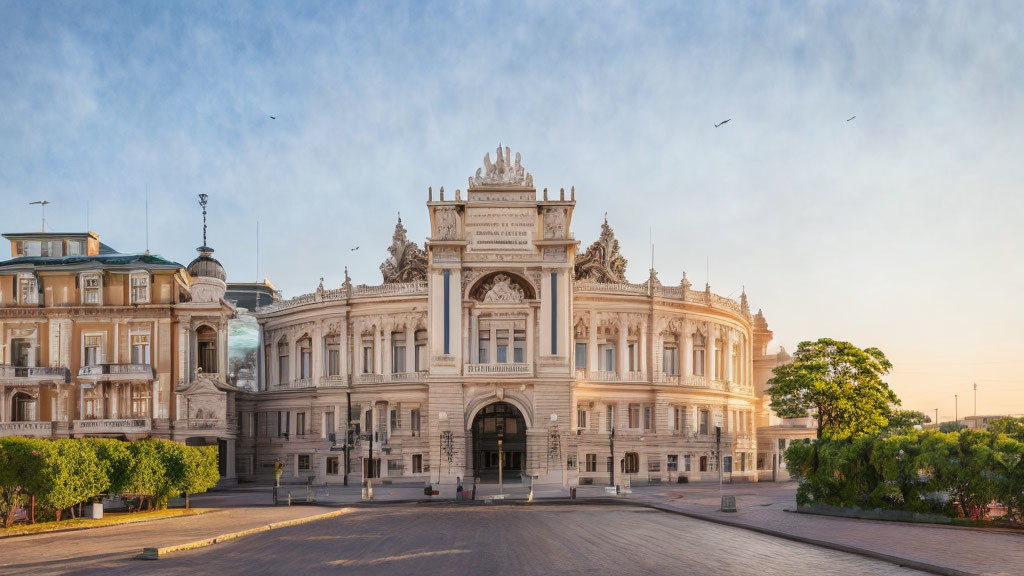 Historical building with grand facade at sunrise or sunset, birds flying above