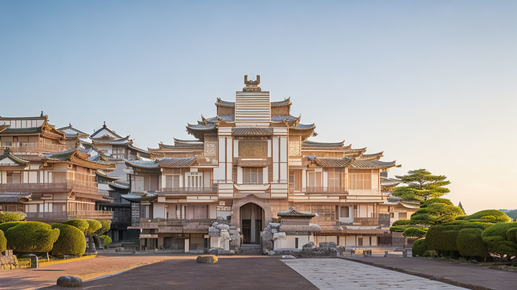 Traditional East Asian-style building with elaborate roofs against a sunset sky