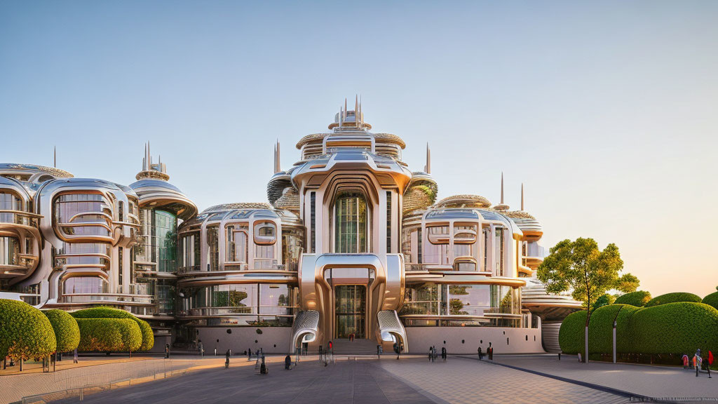 Futuristic building complex with metallic domes and sleek archways