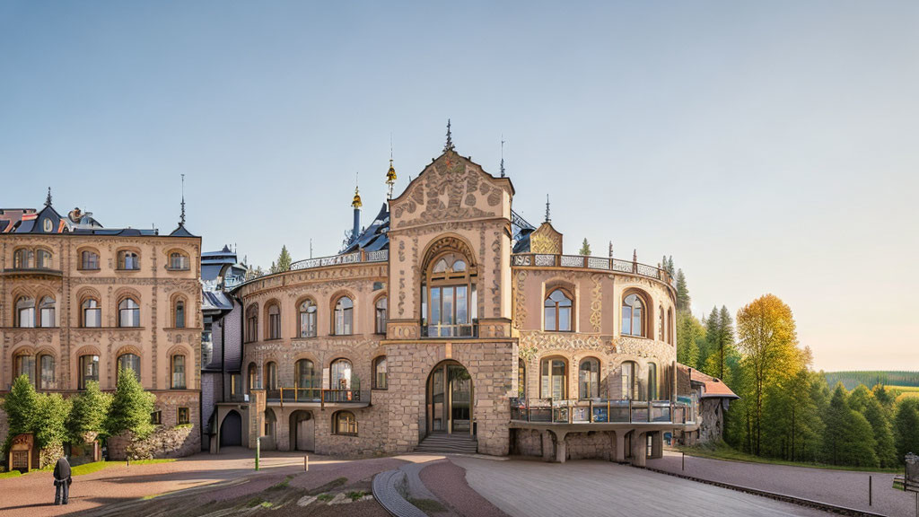 Historic European Building with Intricate Facade, Balconies, and Spires