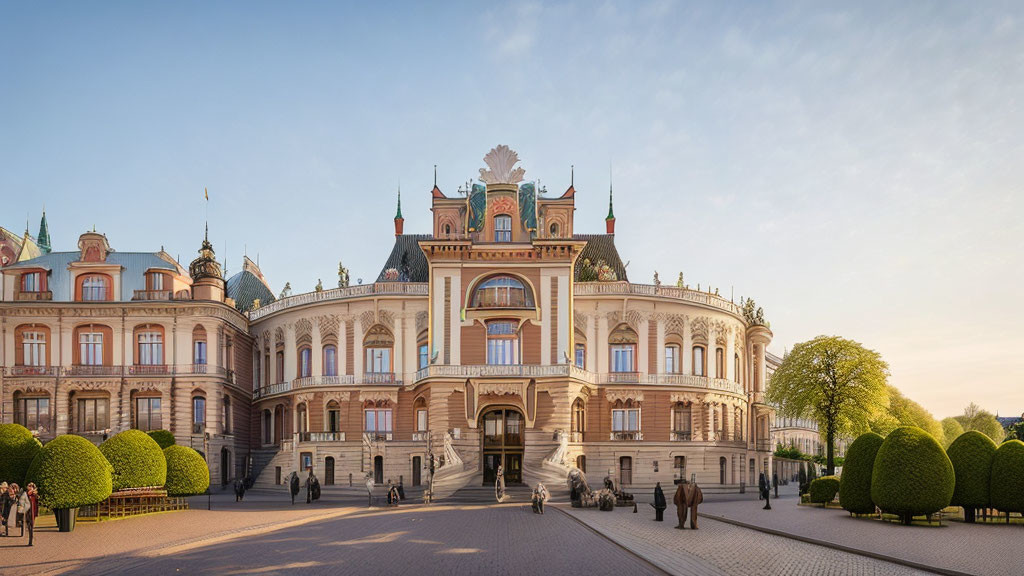 Historical building with decorative facades and manicured garden at golden hour