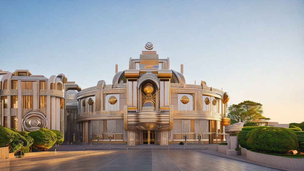 Ornate Art Deco Building with Central Window at Sunset