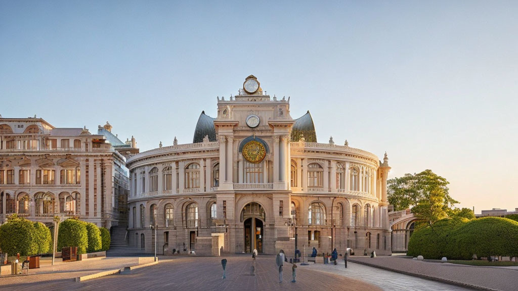 Historical building with ornate facade and central clock at sunset