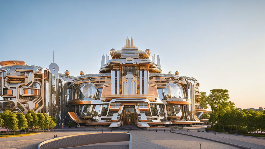 Elaborate futuristic building design with metallic structures and golden detailing