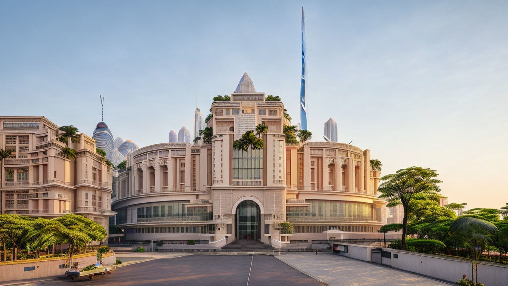 Neoclassical building with modern touch and palm trees in urban setting