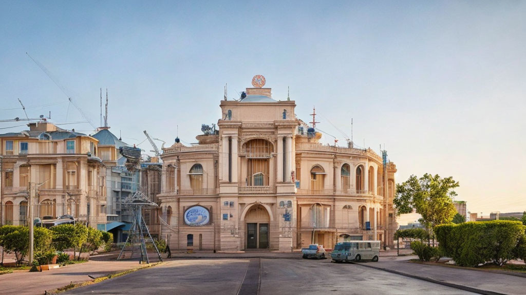 Neoclassical building with ornate facade and crest in urban setting