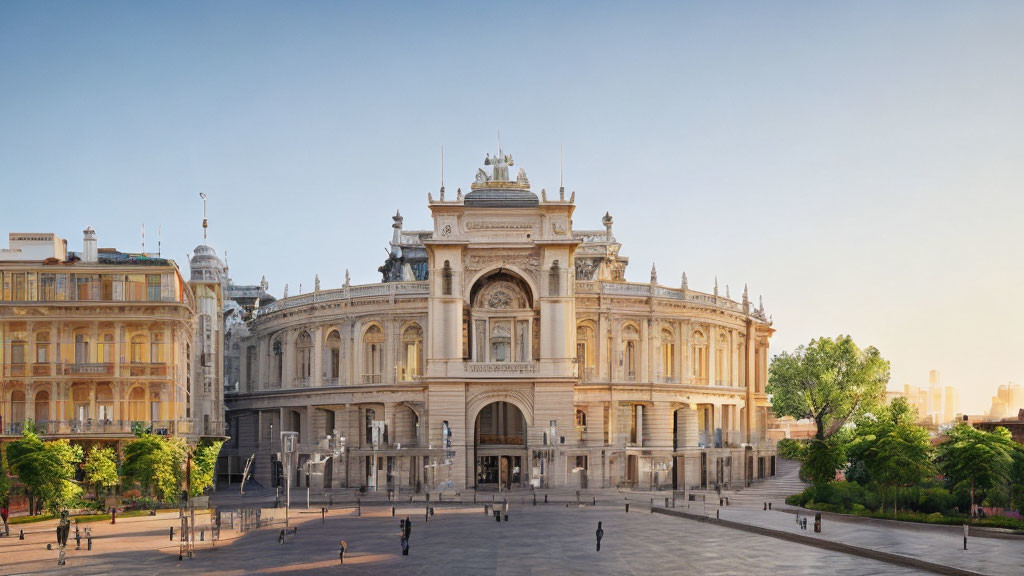 Historical building with intricate facades and modern surroundings under clear sky