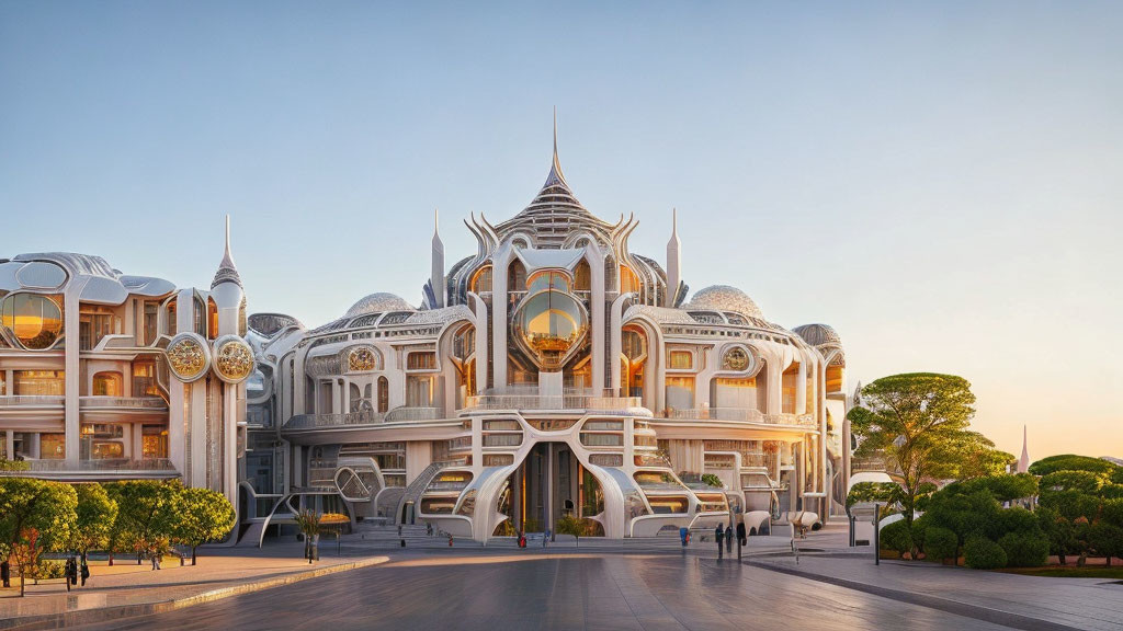 Futuristic building with central spherical feature and white domes among trees at dusk