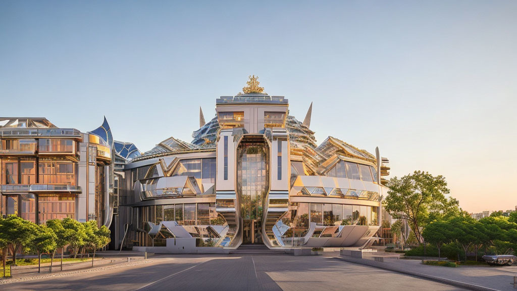 Geometric glass building with golden accents at sunrise or sunset