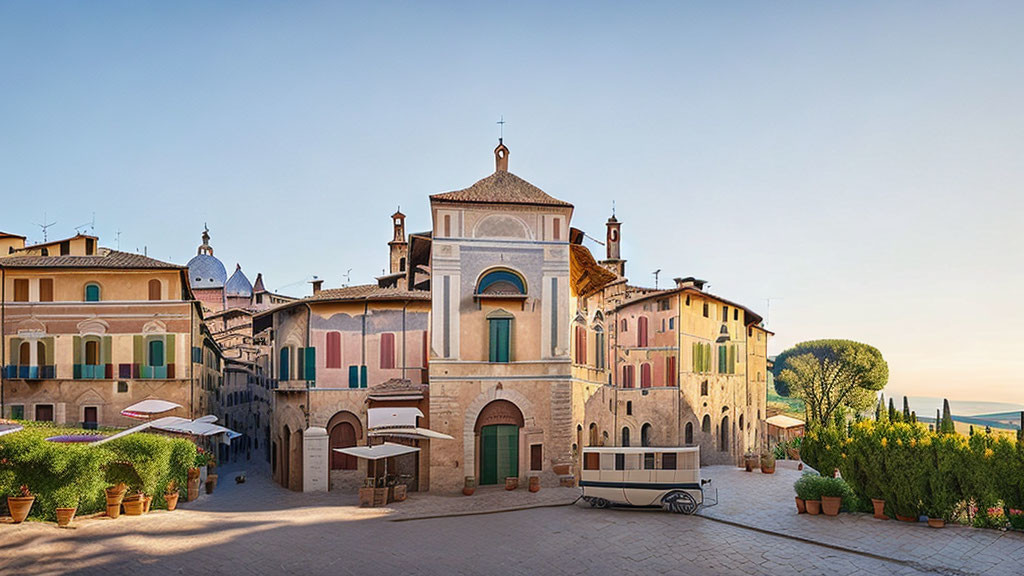 Vibrant Italian square with colorful buildings, church, trees, and bench