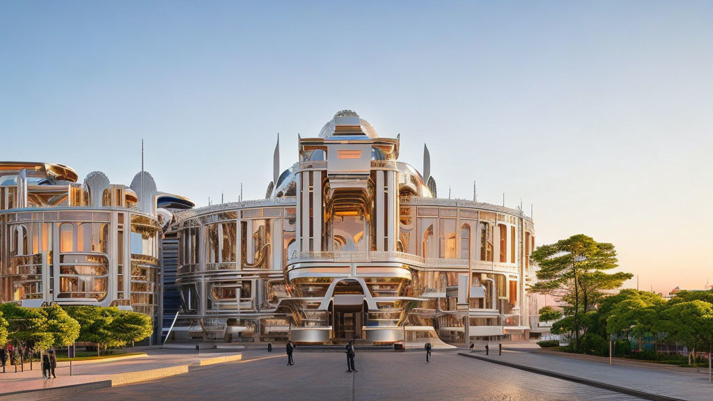 Blend of futuristic and classical architecture with metallic structures and ornate detailing against a clear dusk sky.