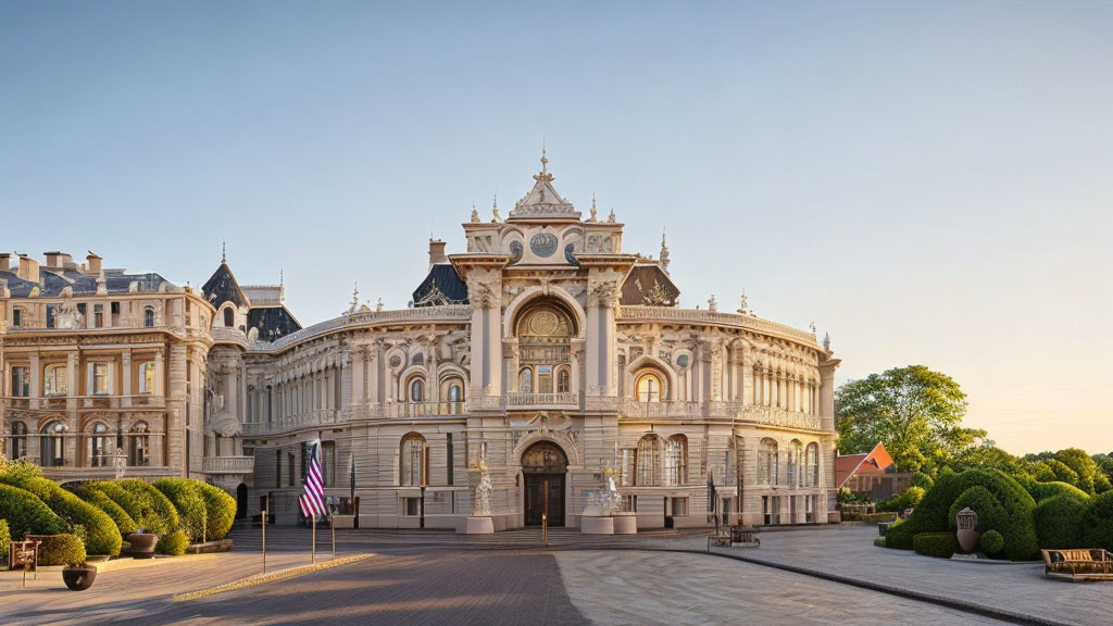 Luxurious European Palace with Central Dome and Flagpoles