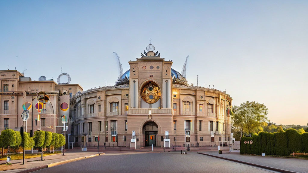 Ornate Building with Central Clock and Artistic Facade in Paved Square