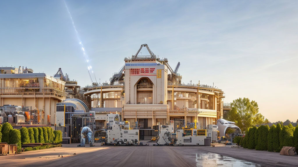 Spacious industrial building with machinery and sunset jet trail