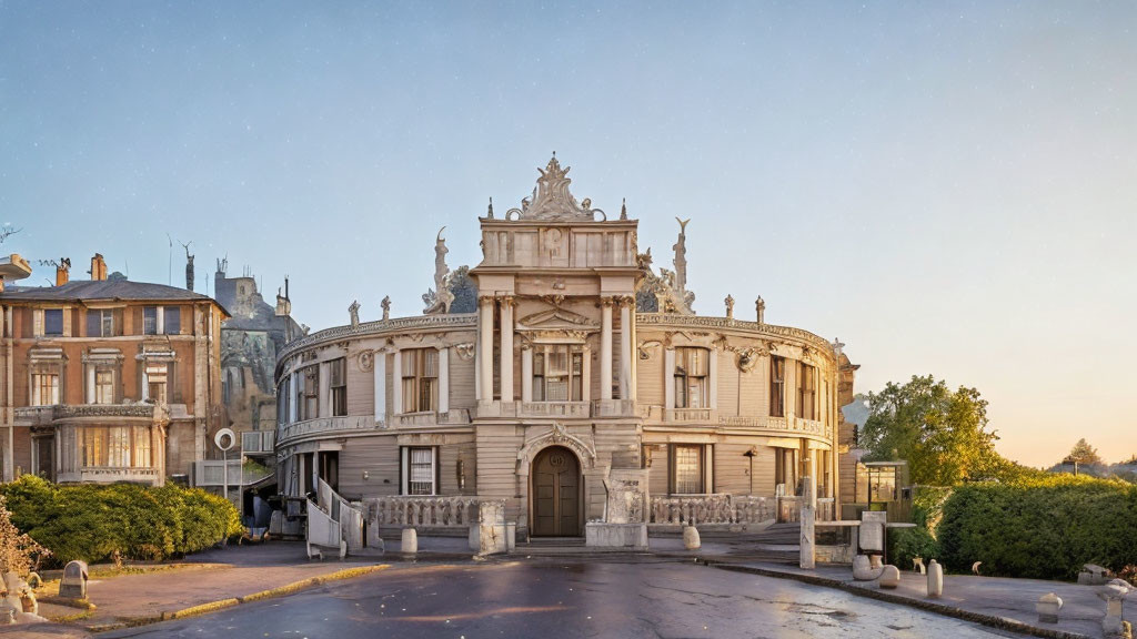 Baroque theater facade and surrounding buildings at twilight