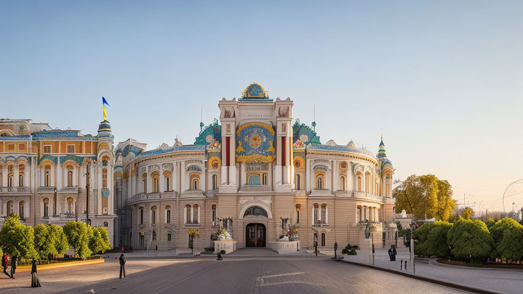 Historical building with blue and white façades and gold trimmings on a clear day