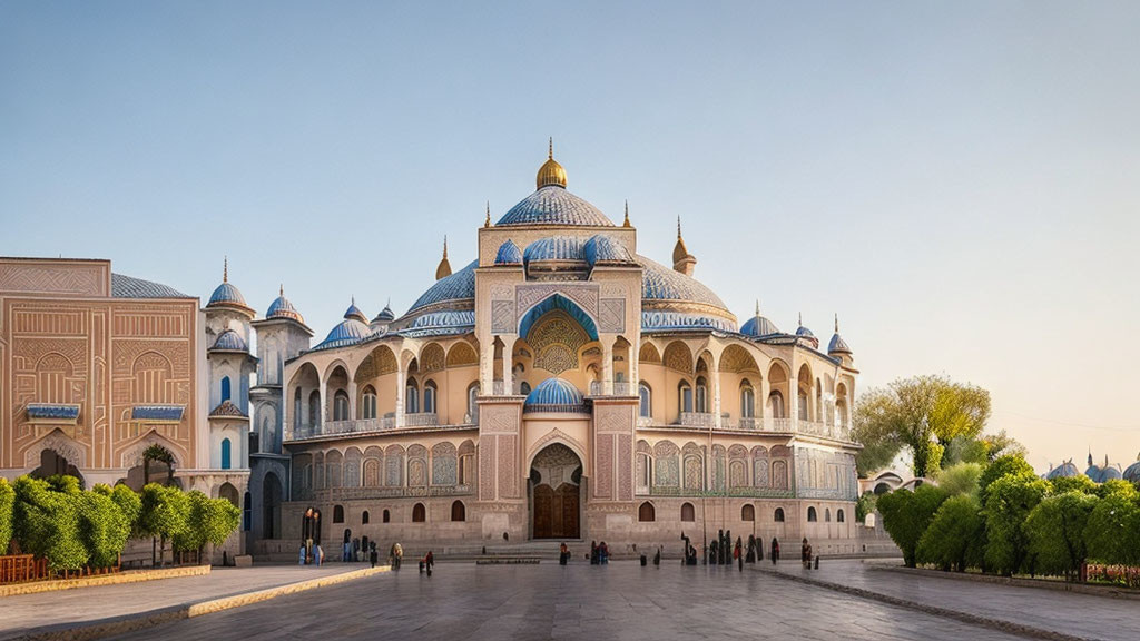 Intricate blue-tiled domed building in spacious square