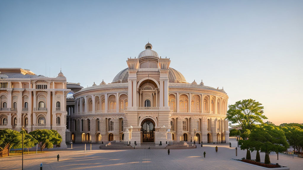 Neoclassical building with dome, arches, and columns under sunlight