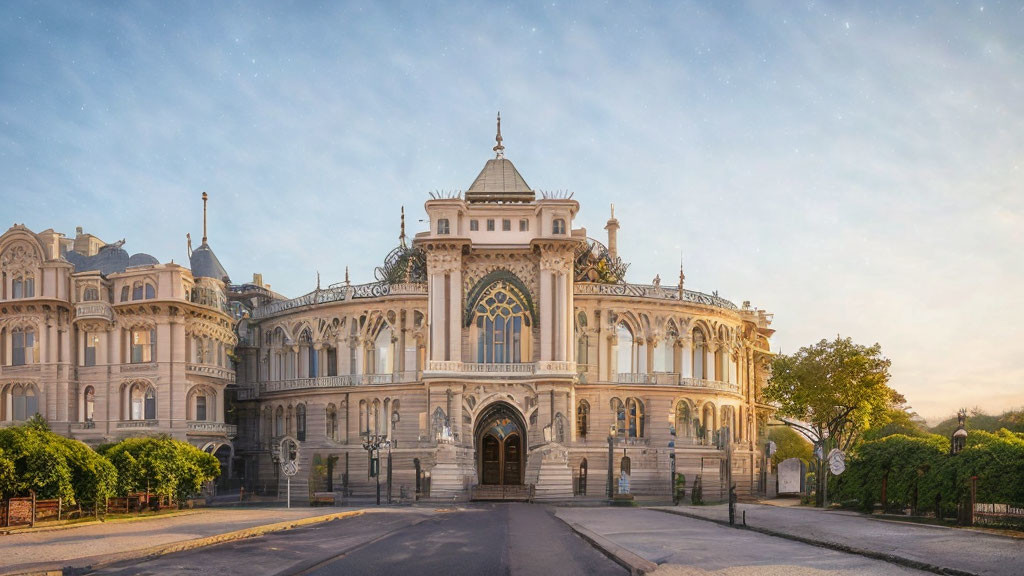 Historic building with central tower and symmetrical wings at sunset