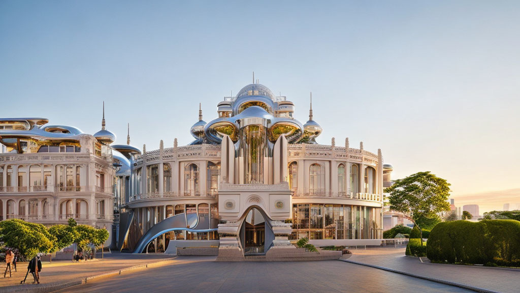 White buildings with futuristic domes and accents under a sunset sky.