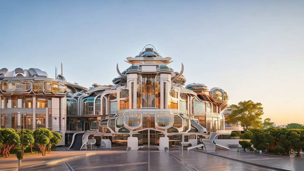 Glass domed futuristic building in green landscape at golden hour