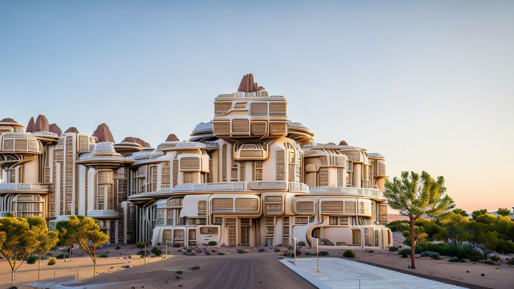 Sand-colored futuristic buildings against desert backdrop at sunrise or sunset