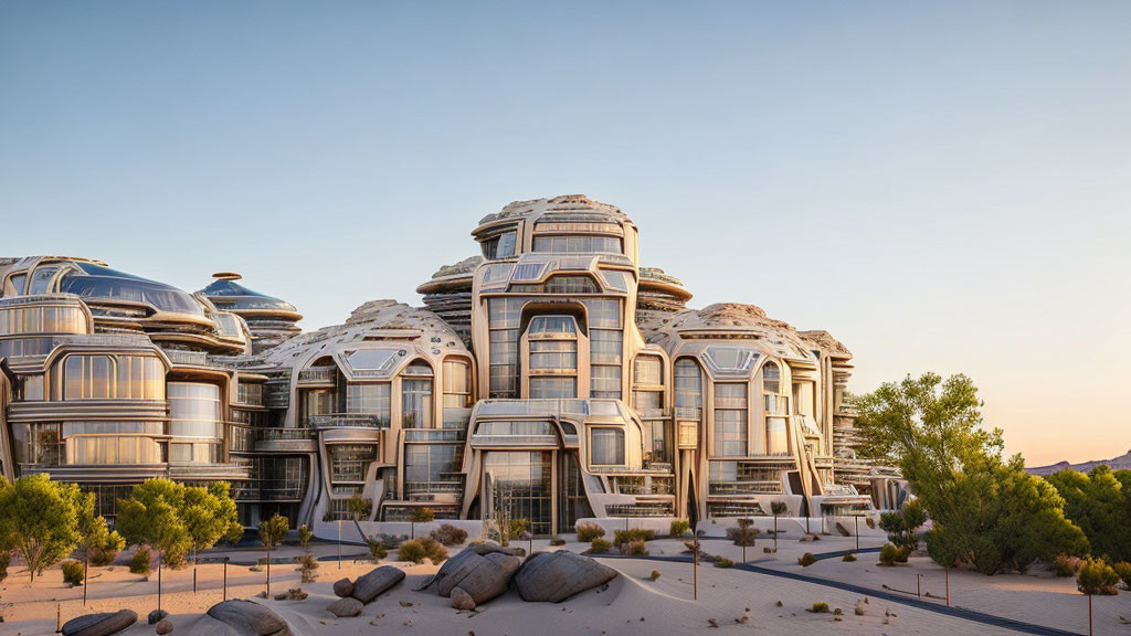 Modern dome-shaped glass buildings in desert daylight