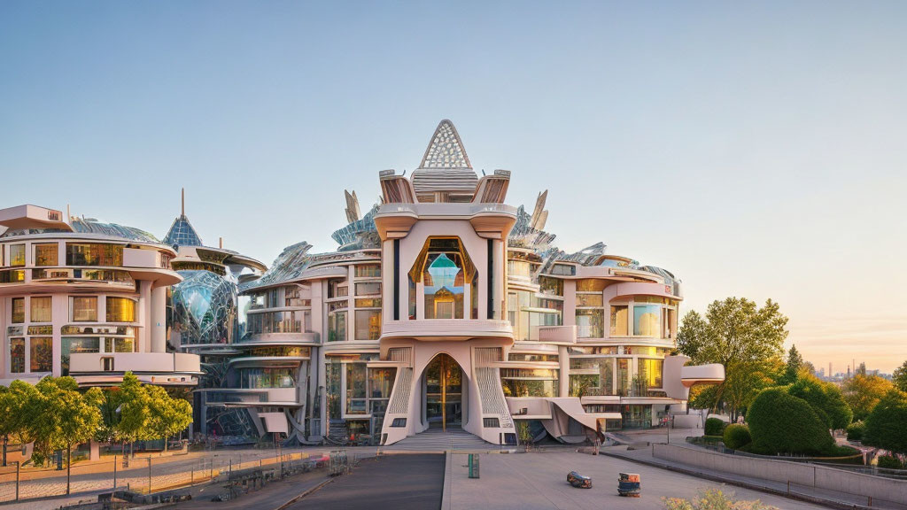 Futuristic dome building with unique architecture at sunrise or sunset